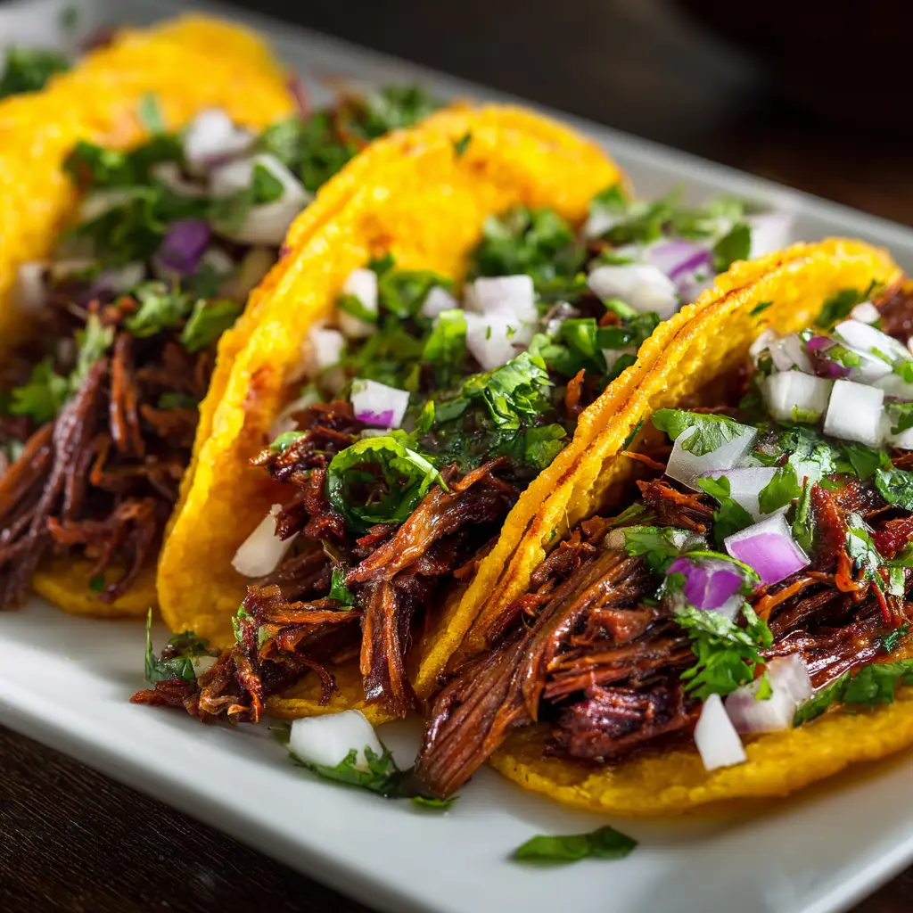 A bowl of rich, red birria consommé topped with fresh cilantro and chopped onion, ready for dipping Crock Pot birria tacos.