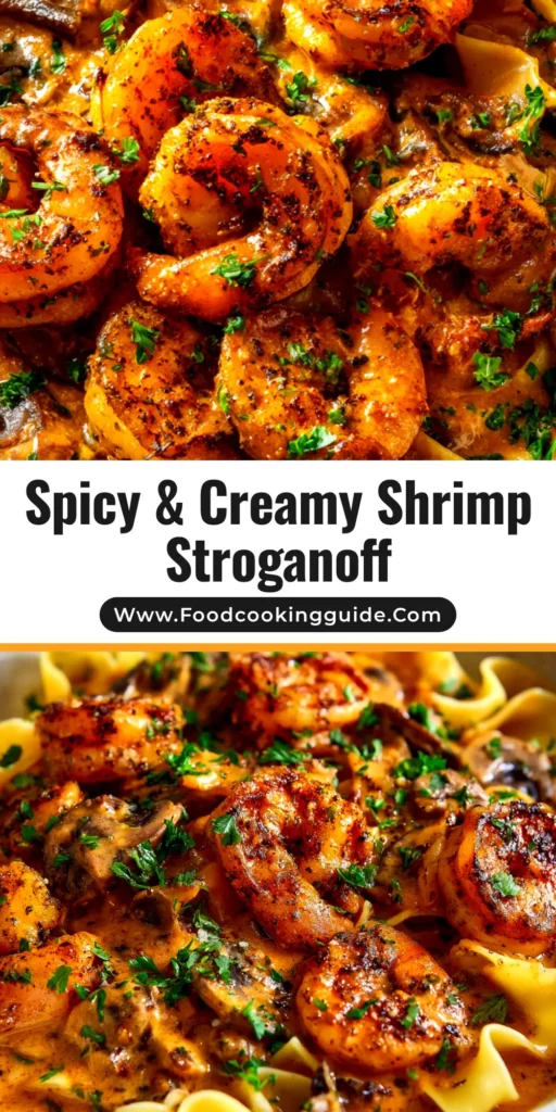 A delicious bowl of creamy Blackened Shrimp Stroganoff served over egg noodles and garnished with fresh parsley. This spicy shrimp pasta recipe is a quick and easy weeknight dinner.