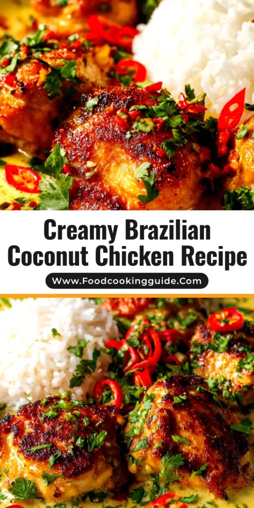 A stunning overhead shot of Brazilian Coconut Chicken in a skillet, garnished with fresh cilantro and lime wedges. This easy and creamy recipe is perfect for a weeknight dinner.