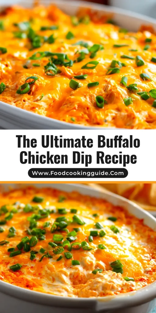 A shareable pin image showing a bowl of creamy, cheesy Buffalo chicken dip, ready to be served as the perfect party appetizer.