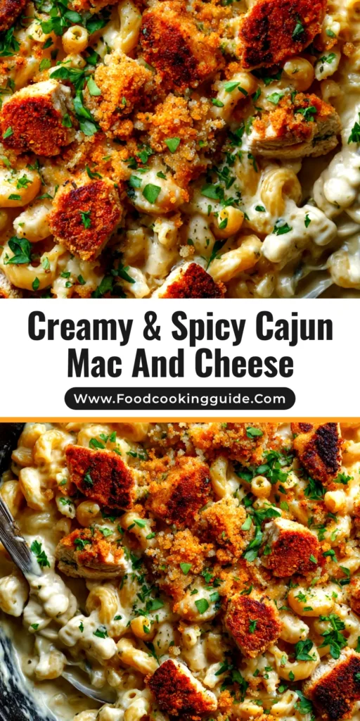 A large white bowl filled with creamy Cajun Chicken Mac and Cheese, garnished with fresh parsley. The pasta is coated in a rich, orange-tinted cheese sauce with pieces of seasoned chicken visible.