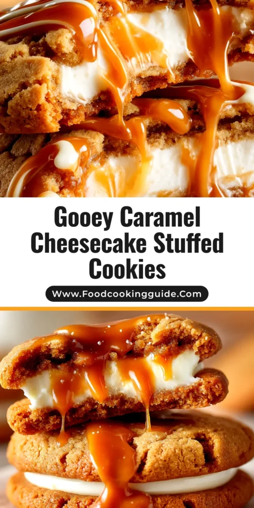 A stack of gooey caramel cheesecake cookies on a white plate, with one broken in half to show the melted caramel center. A perfect pin for dessert lovers.