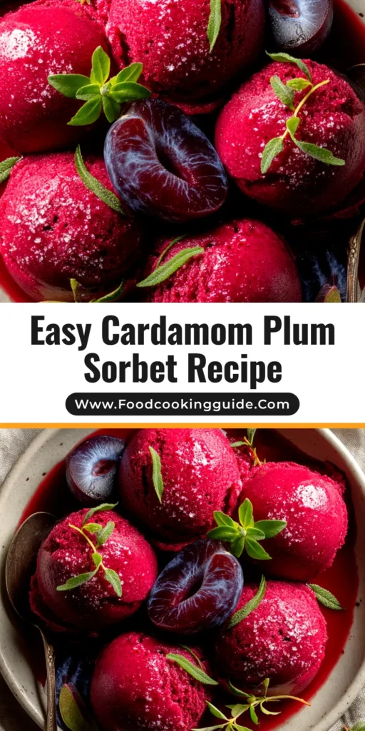 A scoop of deep purple Cardamom Plum Sorbet in a glass bowl, garnished with a fresh plum slice and a mint leaf. The perfect homemade sorbet recipe.