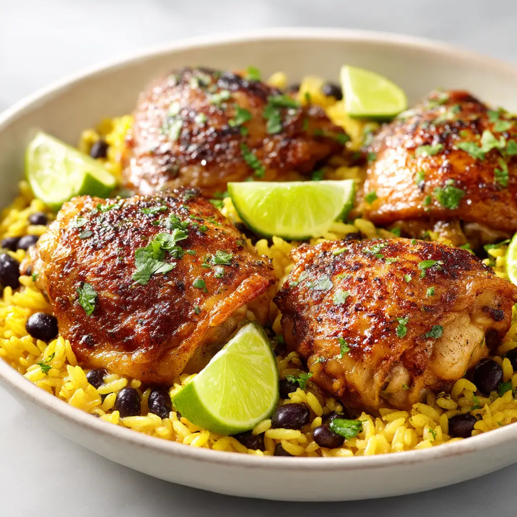 A close-up shot of a serving of Caribbean chicken and coconut rice on a white plate, highlighting the crispy skin of the chicken.