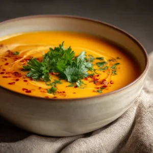 A close-up view of a rustic, off-white ceramic bowl filled with vibrant orange carrot miso soup, showcasing its smooth, creamy texture.