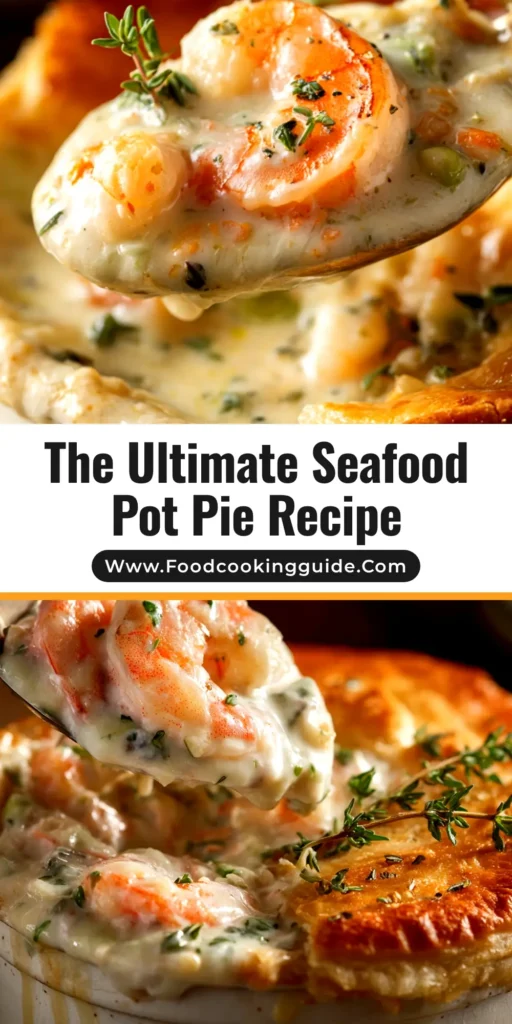 A delicious Cheddar Bay Seafood Pot Pie in a baking dish, with a golden-brown biscuit topping and creamy filling showing. The ultimate comfort food recipe.