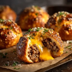 An extreme close-up of a golden-brown baked cheeseburger bomb, highlighting the fluffy biscuit dough and garlic parmesan topping.
