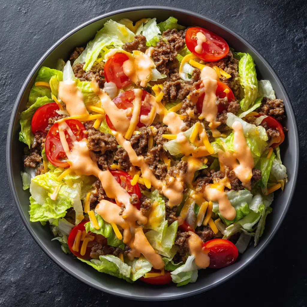 A close-up overhead view of the Big Mac Salad, highlighting the texture of the seasoned ground beef and melted cheddar cheese on a bed of crisp lettuce.