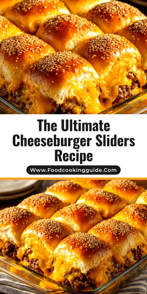 A pan of delicious baked cheeseburger sliders on Hawaiian rolls, topped with sesame seeds and ready to be served. The perfect party appetizer.