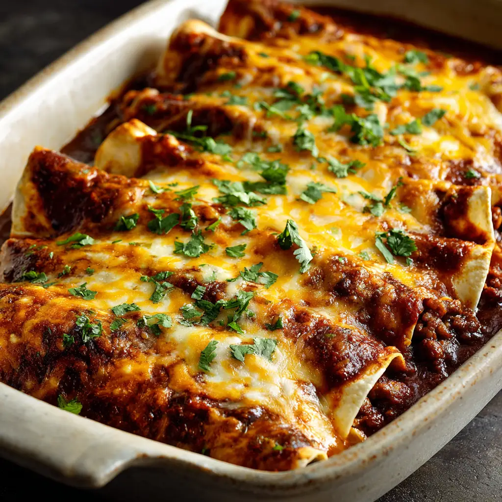 Ground Beef Enchiladas: The Ultimate Cheesy & Saucy Recipe 2 A close-up shot of a single ground beef enchilada on a plate, showing the savory beef filling and melted cheese.