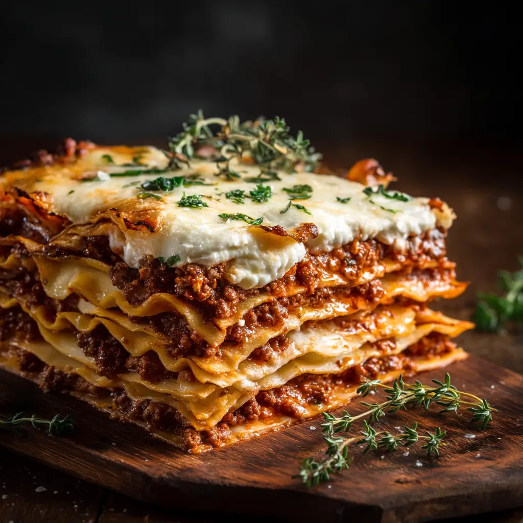 Beef Lasagna Recipe: The Ultimate Comfort Food Classic 2 An extreme close-up of a thick slice of cheesy beef lasagna, highlighting the layers of pasta, ricotta, and savory meat sauce.