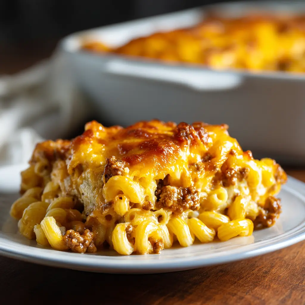 A close-up shot showing the texture of the cheesy ground beef and macaroni casserole, with melted cheese stretching from the dish.