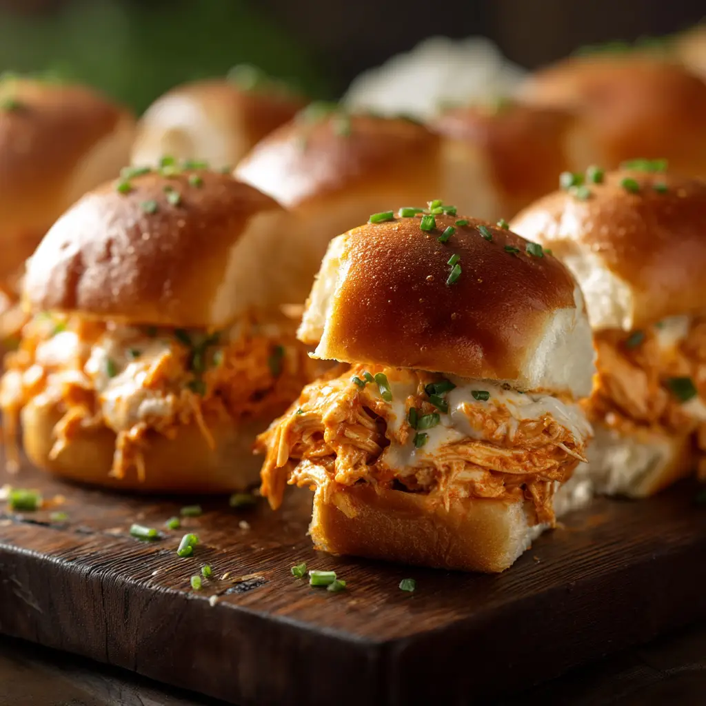 A close-up of a single buffalo chicken slider being pulled from the batch, showing the cheesy, saucy chicken filling.