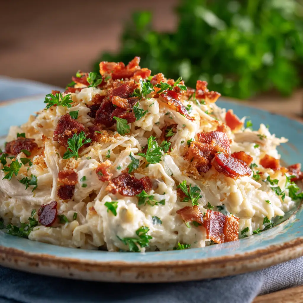 Chicken Alfredo Rice Casserole: The Creamiest Bake Ever 2 A close-up shot of a spoonful of cheesy chicken and rice bake being lifted from the casserole dish, showing the creamy texture and tender chicken pieces.