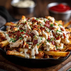 A close-up shot of cheesy chicken bacon ranch fries on a baking sheet, showing the layers of toppings.