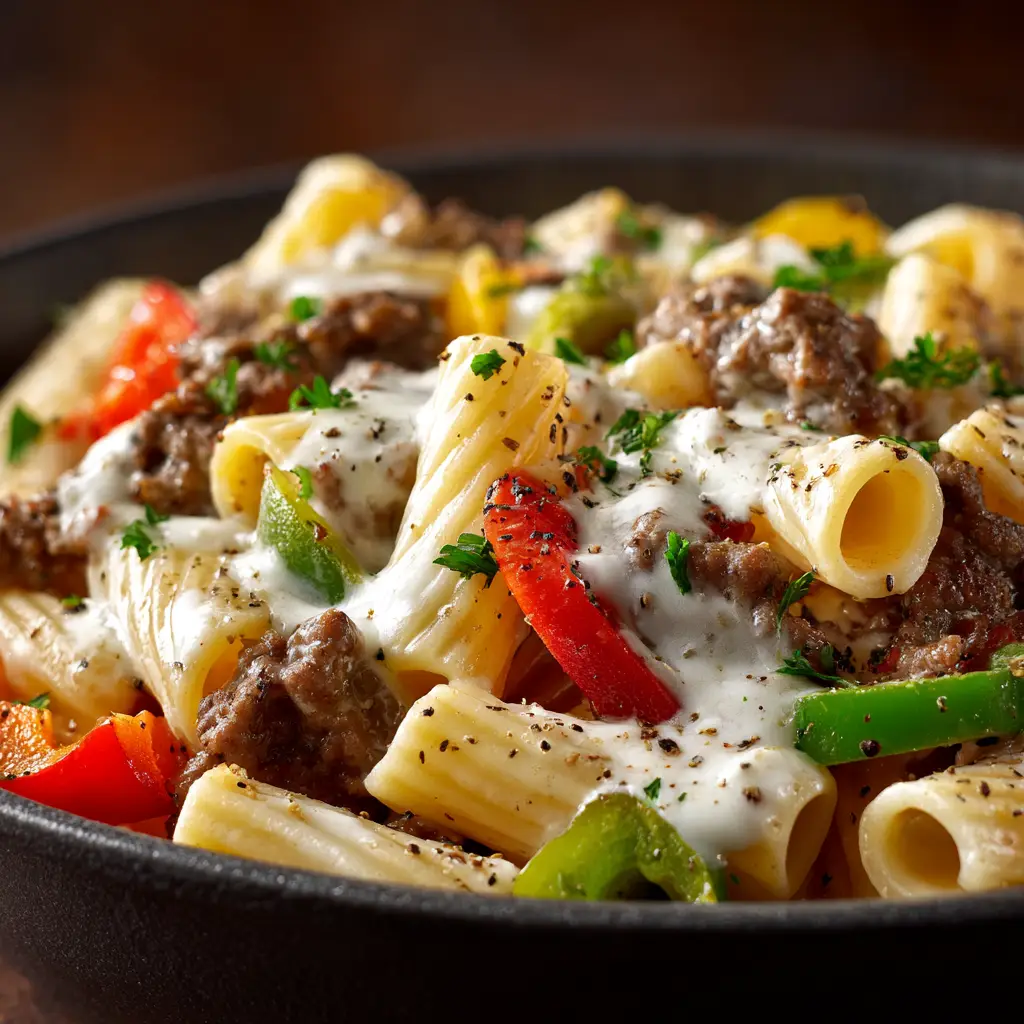 A spoonful of cheesy steak pasta being lifted from a skillet, showcasing the melted provolone and tender pieces of beef, onion, and green pepper.