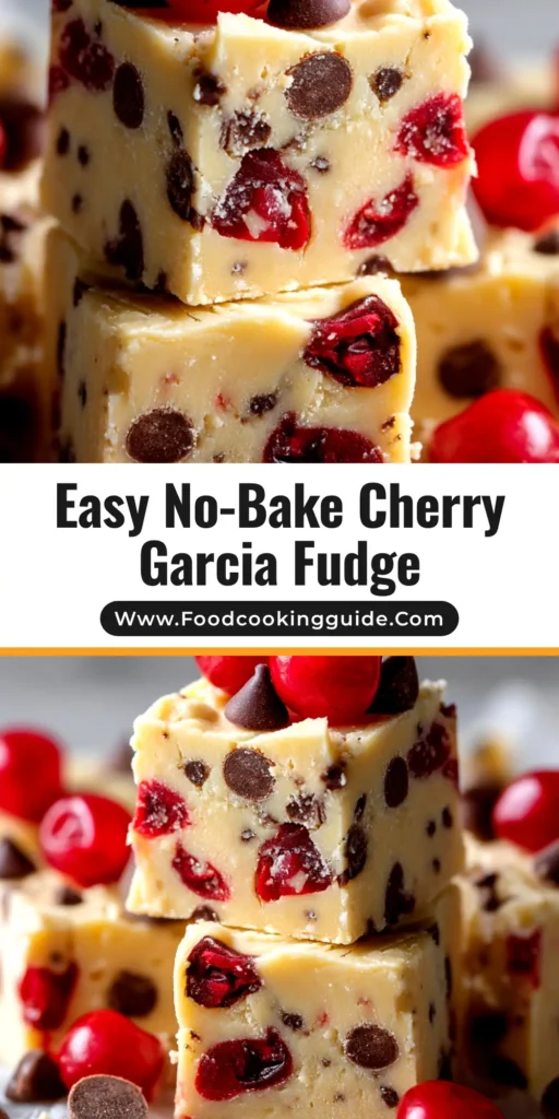 An overhead shot of homemade Cherry Garcia Fudge cut into squares on a piece of parchment paper, showing rich chocolate fudge with pieces of cherry and chocolate chunks.