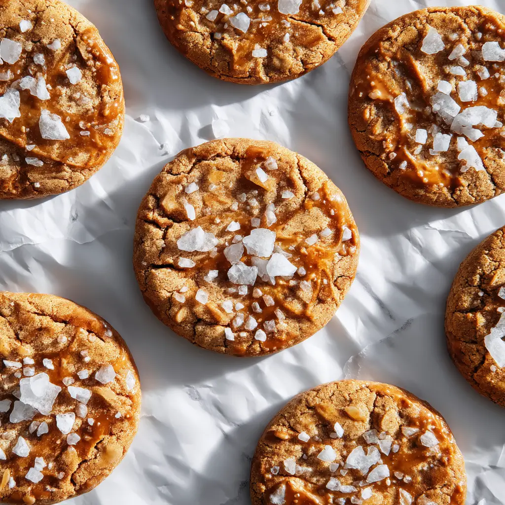 An overhead flat lay of chewy honey cinnamon cookies scattered on a baking sheet, ready to be eaten.