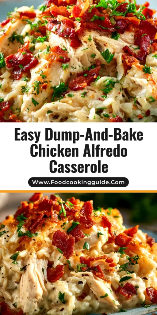Chicken Alfredo Rice Casserole: The Creamiest Bake Ever 4 A top-down view of a bubbly, golden-brown Chicken Alfredo Rice Casserole in a white baking dish, ready to be served. A serving spoon has scooped out a portion, revealing the creamy interior.