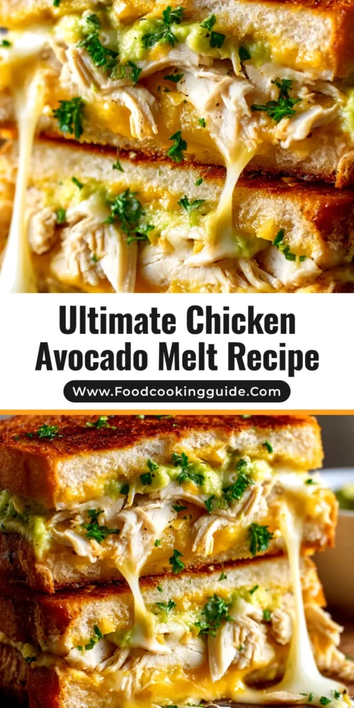 A perfectly grilled Chicken Avocado Melt sliced in half, showing layers of gooey cheese, tender chicken, and creamy avocado on toasted bread.