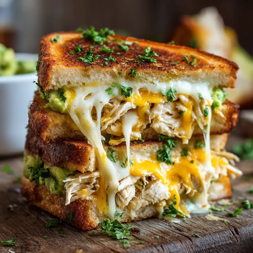 A cross-section of a chicken and avocado sandwich on a wooden board, ready to be served.