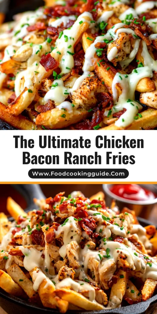 A top-down view of a large platter of Chicken Bacon Ranch Fries, with melted cheddar cheese, crispy bacon, and a drizzle of ranch.