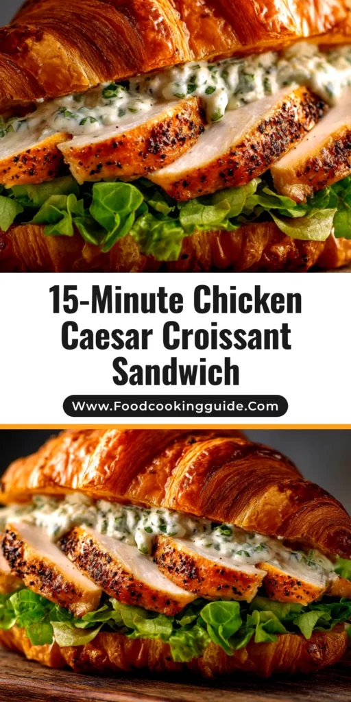 An overhead shot of a finished Chicken Caesar Croissant Sandwich on a plate, highlighting the flaky croissant and creamy filling.