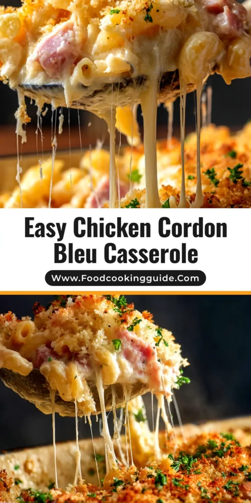 A golden-brown baked Chicken Cordon Bleu Casserole in a white baking dish, ready to be served. The crispy Panko topping is visible.