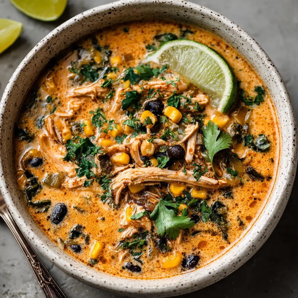 A bowl of delicious chicken poblano soup, topped with fresh cilantro, corn, and cotija cheese, ready to be eaten.