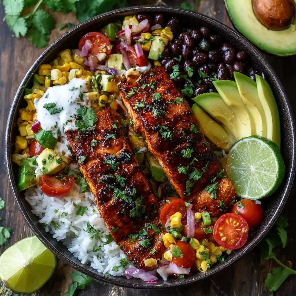 A close-up view of the flaky, caramelized chipotle honey glazed salmon fillet on a bed of rice.
