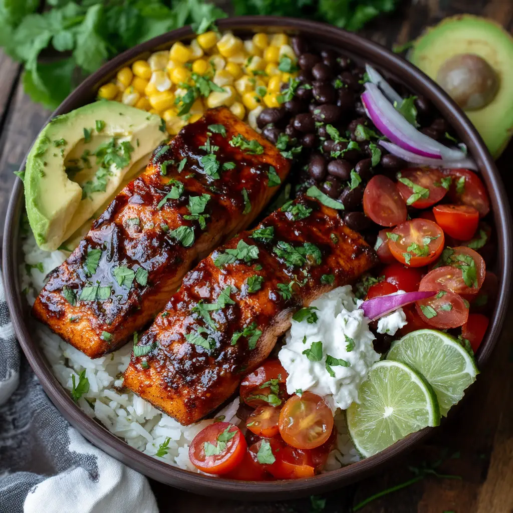 Home 8 An overhead shot of a finished chipotle honey salmon bowl, with toppings like sliced avocado, corn, black beans, and fresh cilantro arranged neatly.