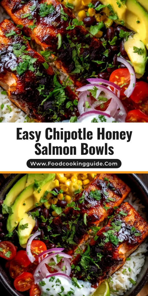 Chipotle Honey Salmon Bowls are the perfect easy weeknight dinner! This healthy recipe features spicy, sweet salmon, fluffy rice, and fresh toppings. A delicious and quick meal idea. | foodcookingguide.com