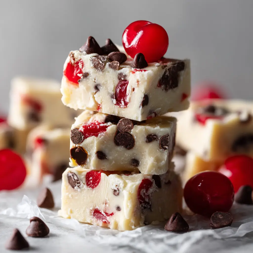 A close-up stack of chocolate cherry fudge squares, highlighting the creamy texture and chunks of cherries inside.