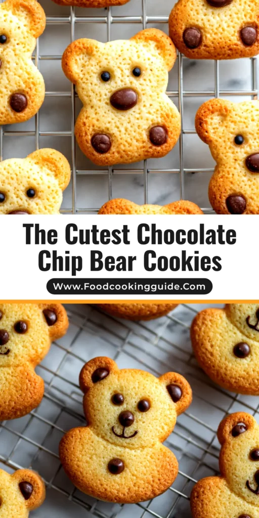 A flat lay of cute Chocolate Chip Bear Cookies on a cooling rack. The cookies are golden brown and perfectly shaped, ready for a kids' party or fun dessert.