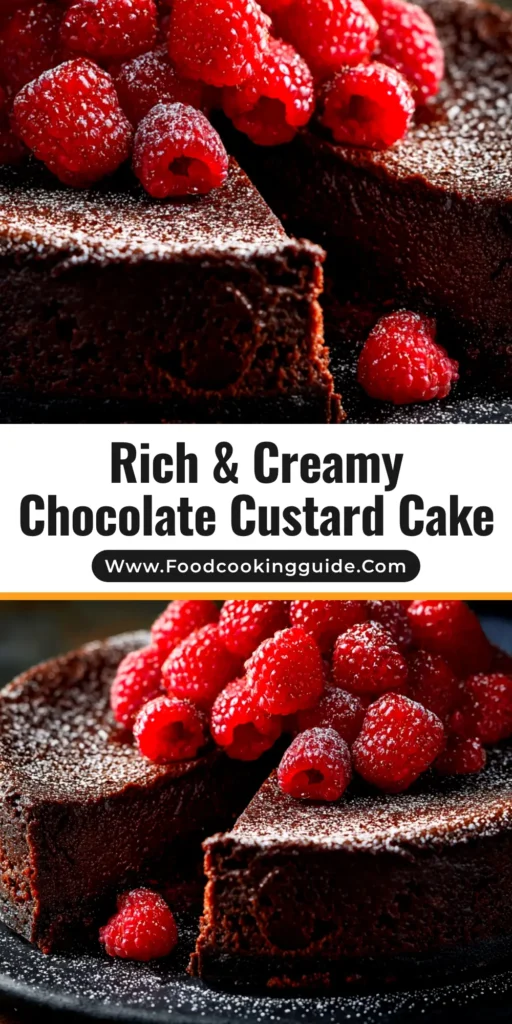 A slice of three-layer chocolate custard cake on a white plate, showing the fudgy bottom, creamy center, and sponge top.