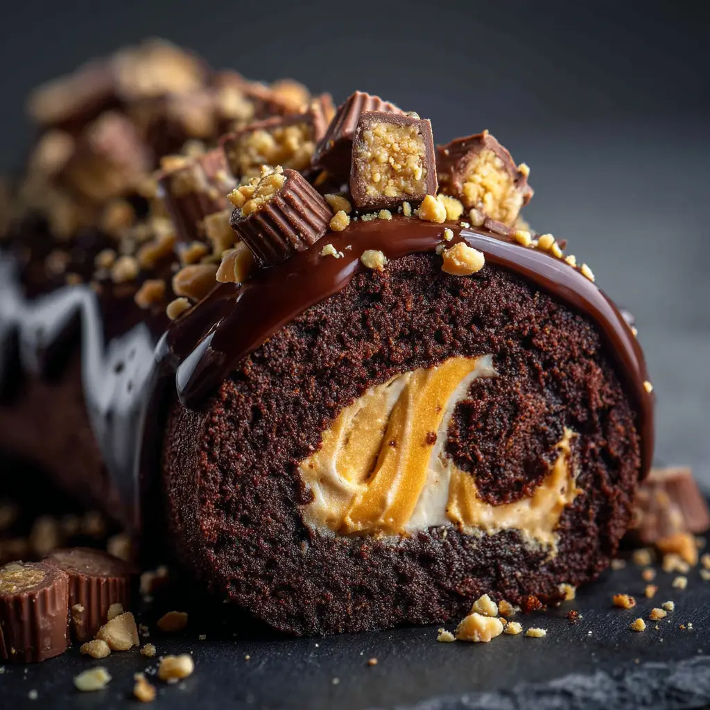 An extreme close-up of a sliced chocolate peanut butter cake roll, emphasizing the creamy peanut butter filling swirled within the moist chocolate cake.