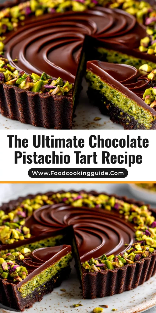 An overhead shot of a delicious chocolate pistachio tart, with one slice cut out, revealing the rich, dark ganache filling and crisp crust.