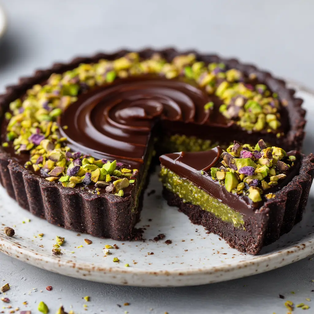 A close-up shot of a slice of the chocolate pistachio tart, highlighting the contrast between the crisp shortbread crust and the silky ganache filling.