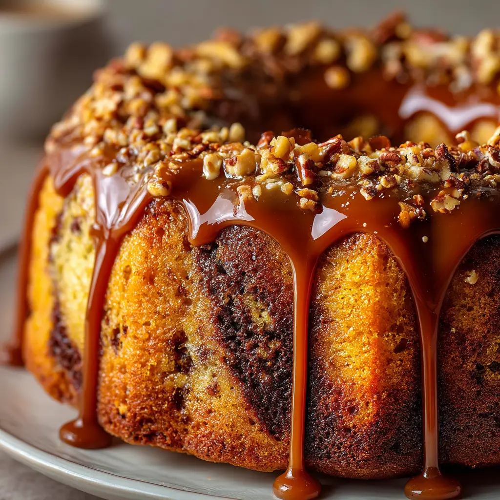 The rich, dark chocolate pound cake batter being poured into a greased and floured Bundt pan before baking.