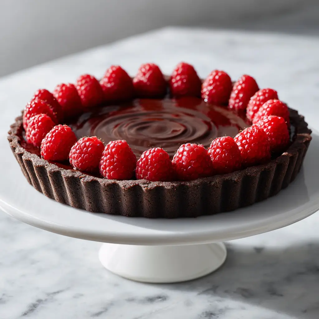 A close-up view of a slice of chocolate raspberry tart on a white plate, revealing the distinct layers of chocolate crust, raspberry filling, and chocolate ganache.