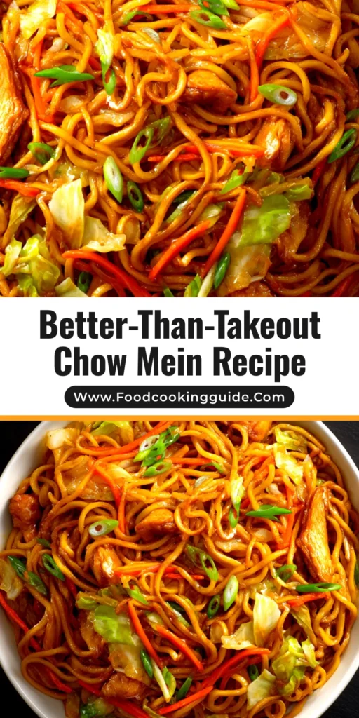 A delicious and easy Chow Mein Recipe in a white bowl, packed with chicken, vegetables, and noodles. This homemade version is better than takeout and ready in 25 minutes.