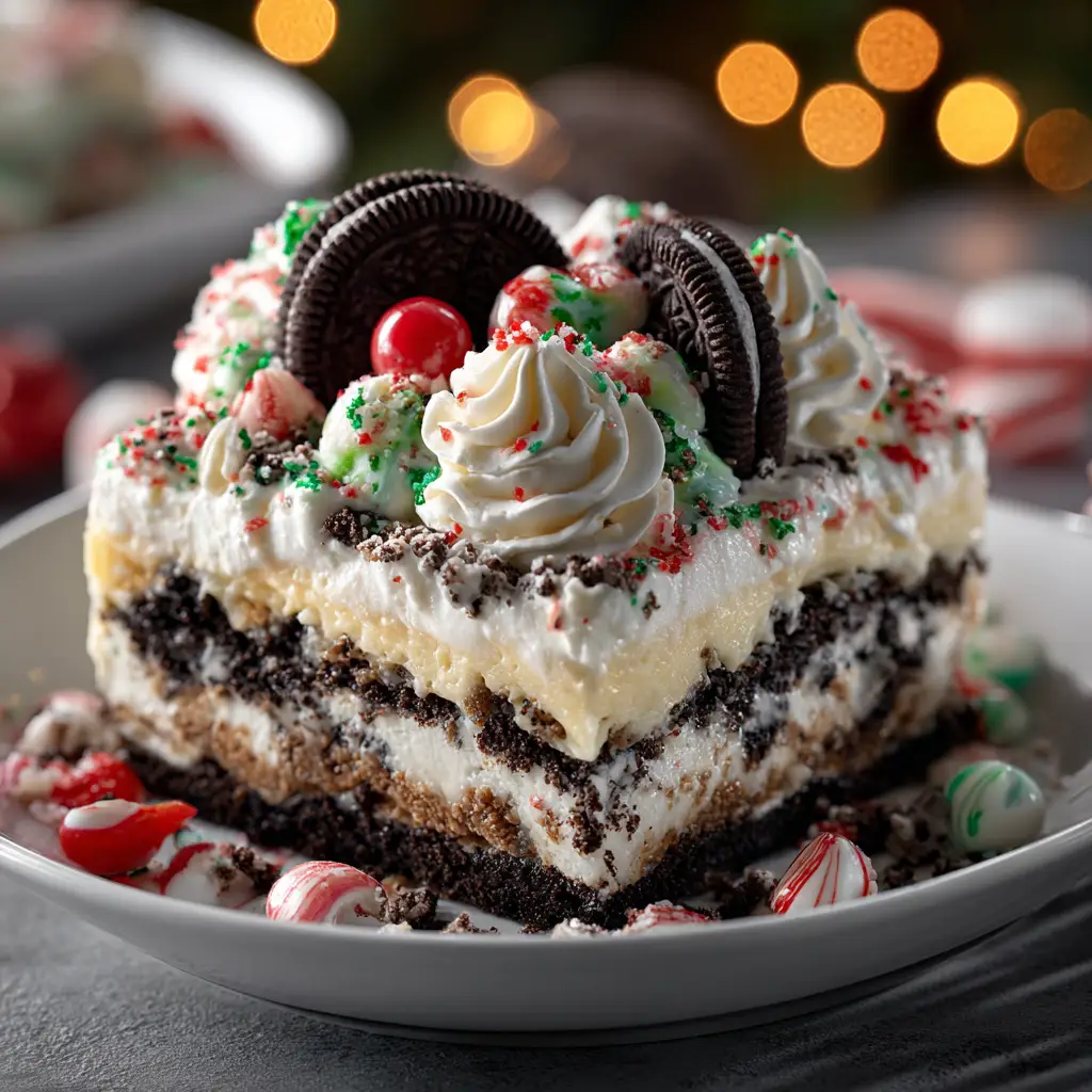 A beautiful slice of the chocolate lasagna recipe on a festive plate, decorated with extra sprinkles and a fork ready to dig in.