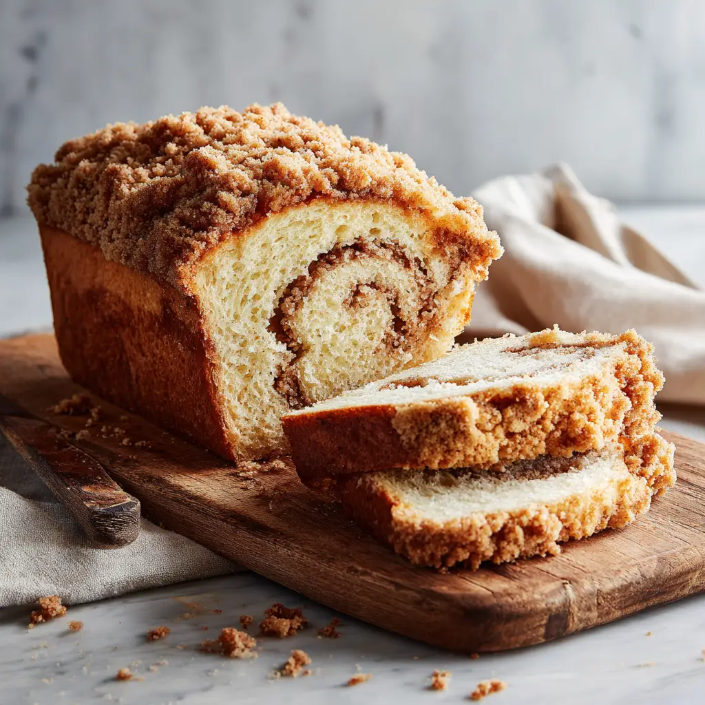 Cinnamon Streusel Bread: The Easiest Recipe for a Perfect Loaf 1 Several slices of cinnamon streusel bread arranged on a wooden board, emphasizing the crunchy streusel topping.