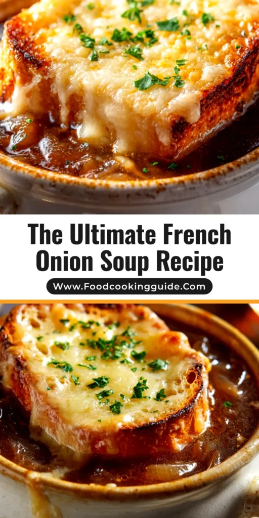 A delicious bowl of classic French Onion Soup with a perfectly melted, bubbly Gruyère cheese crust and a spoon dipping in.