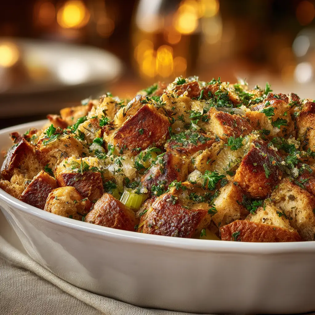 An extreme close-up of classic stuffing from scratch, highlighting the texture of the bread, celery, and herbs.