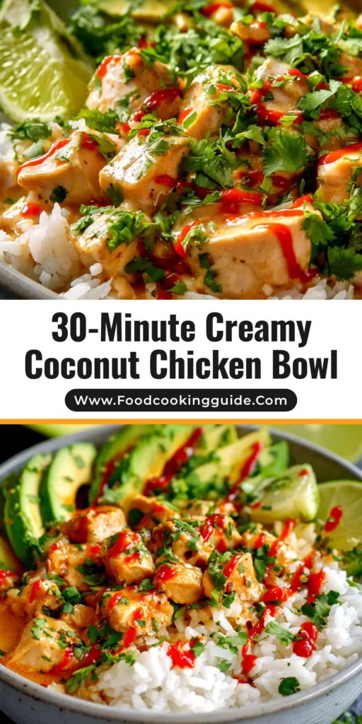 An overhead shot of a vibrant Coconut Chicken Rice Bowl, featuring creamy chicken and fluffy white rice, garnished with fresh cilantro and a lime wedge in a white bowl.