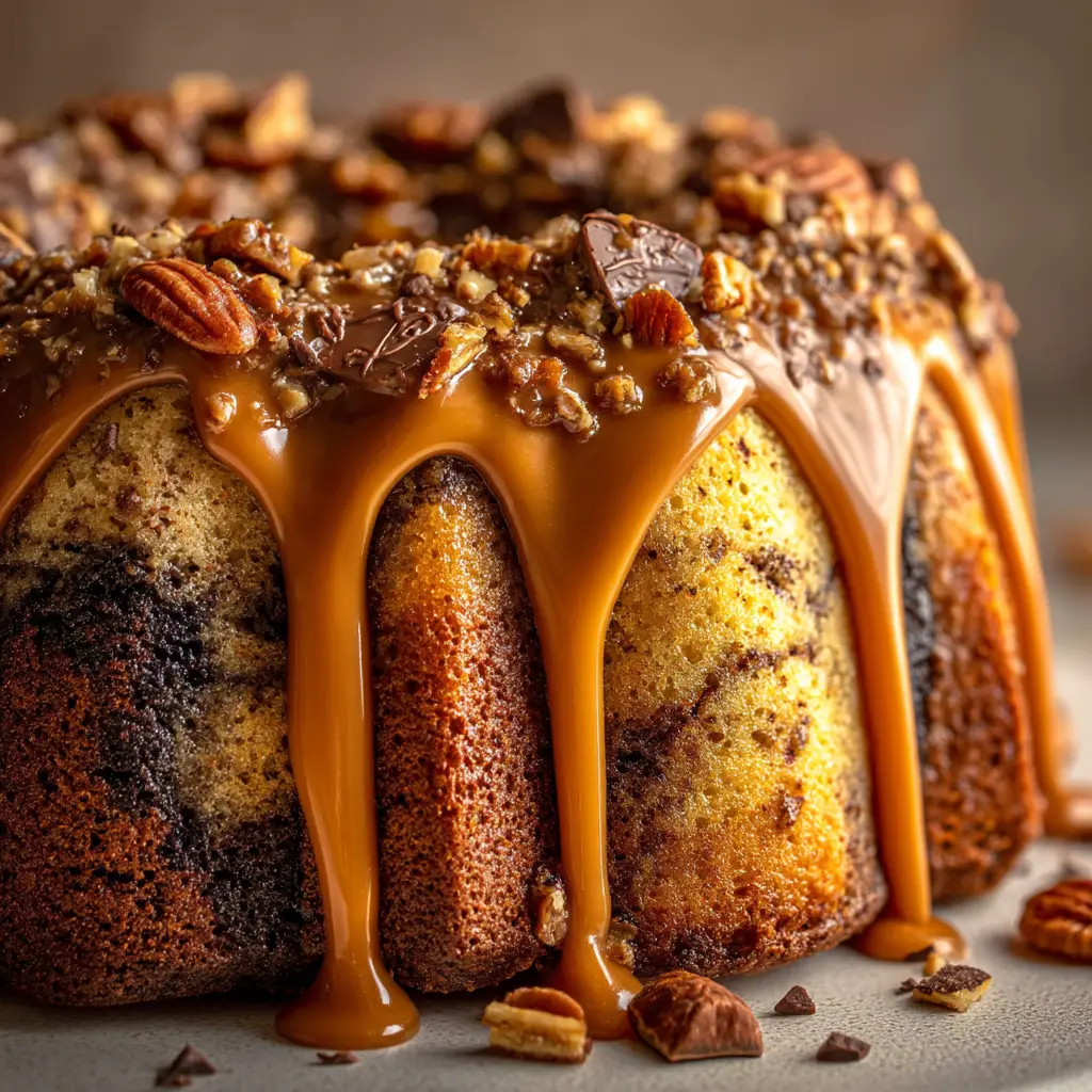 A saucepan filled with bubbling homemade coconut pecan frosting, with visible chunks of toasted pecans and shredded coconut.