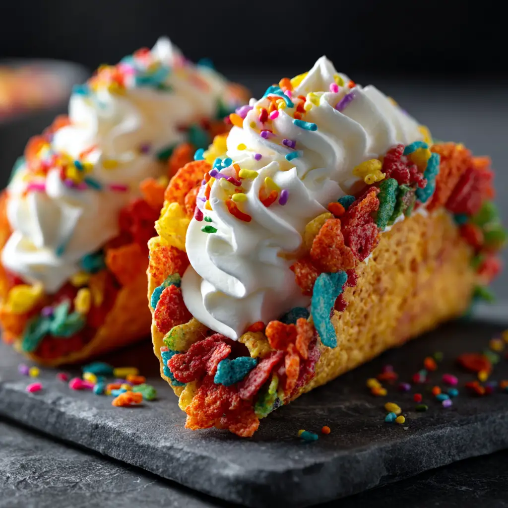 A vibrant overhead shot of two Fruity Pebbles Cheesecake Tacos, showcasing the colorful cereal shell and the creamy white no-bake cheesecake filling.