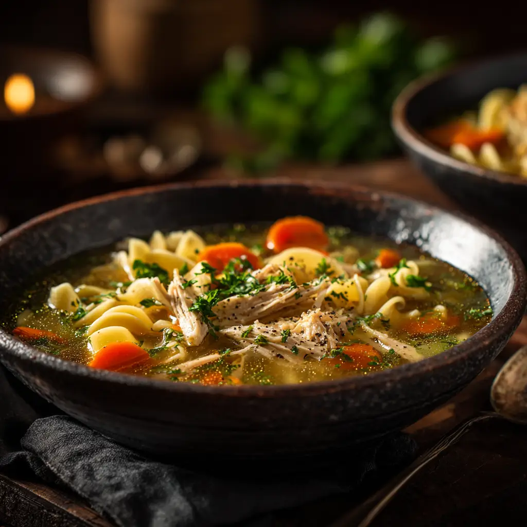 An overhead shot of a bowl of comforting chicken noodle soup with ginger and garlic, highlighting the fresh ingredients.
