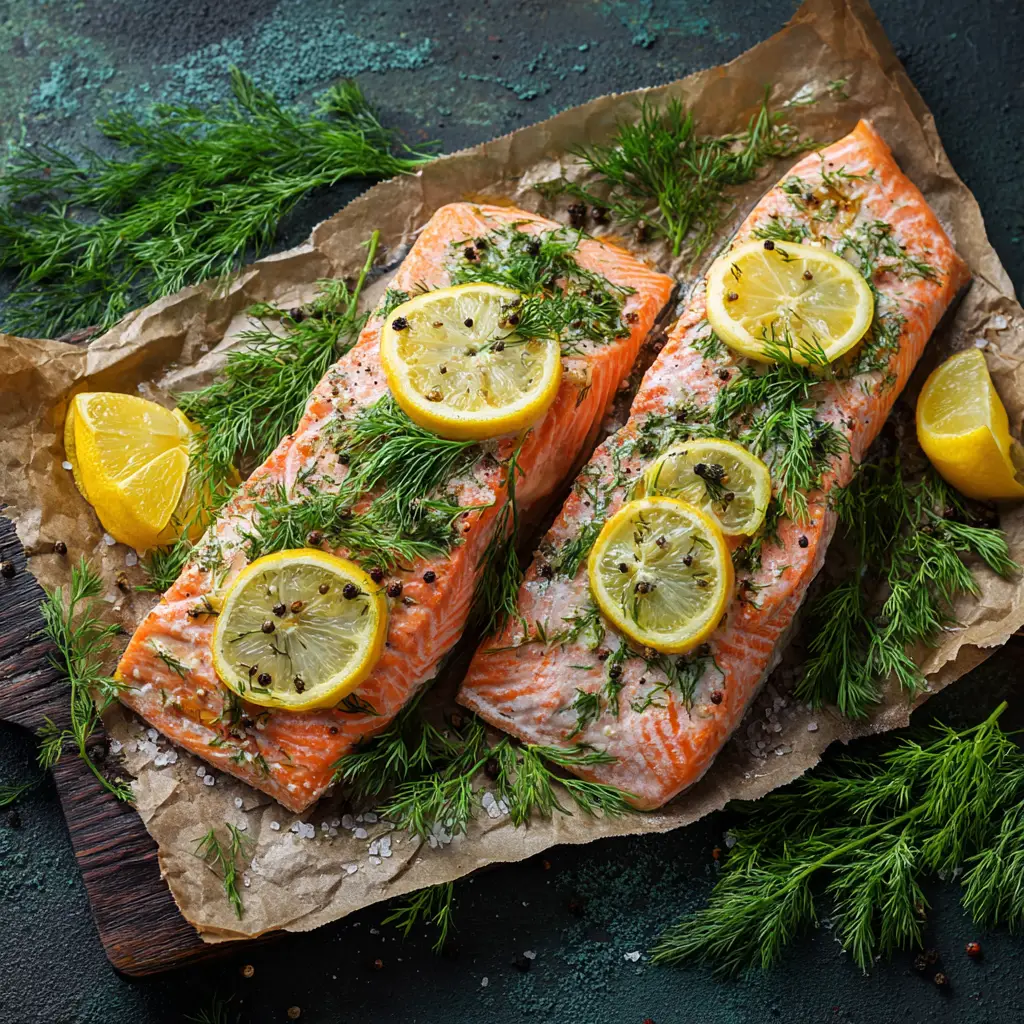 Lemon Dill Baked Salmon (The BEST Easy Recipe!) 1 A close-up, overhead view of the finished Lemon Dill Baked Salmon, showcasing the flaky texture and golden-brown top.
